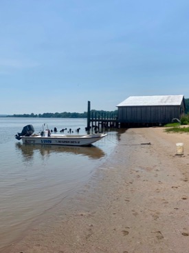 The RV {em}Marsh Hen II{/em} at a seine survey site on the Rappahannock River. © Jack Buchanan/VIMS.