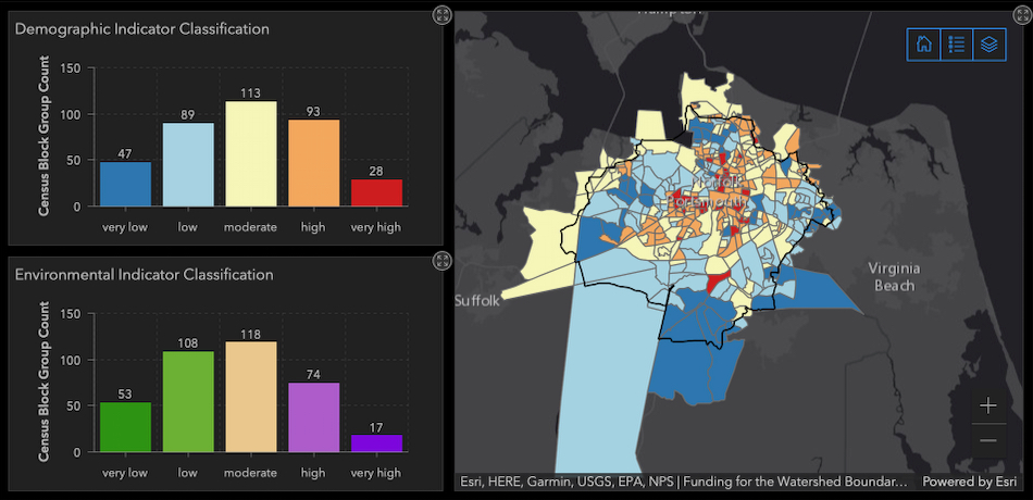 The tool’s indicator layers provide scorecards that show the Census tracts with the greatest overall vulnerability due to environmental risks, demographic conditions, and hazards and toxins.