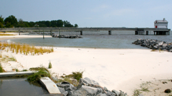 New elevated concrete pier and stone breakwaters minimized damage to the VIMS shoreline during Hurricane Irene.