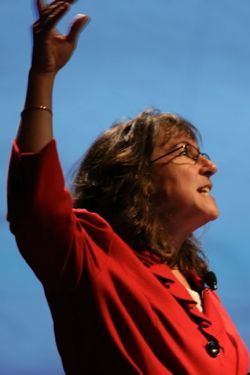 Professor Deborah Steinberg makes a point during her Tack Faculty Lecture. © Stephen Salpukas.