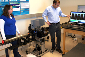 Professor Steve Kuehl and graduate student Lindsey Kraatz prepare to analyze a sediment core.