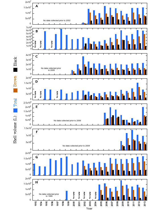 Shell volume (L, total, brown and black) by year for each of the defined regions (A) Pocomoke and Tangier Sounds, (B) Great Wicomico River, (C) Rappahannock River, (D) Piankatank River, (E) Mobjack Bay, (F) York River, (G) James River, and (H) Elizabeth and Lafayette Rivers. 