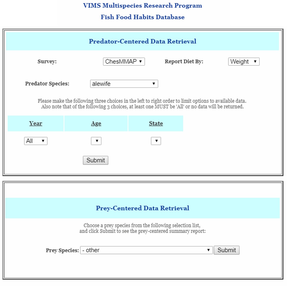 Fish Food Habits Query Page